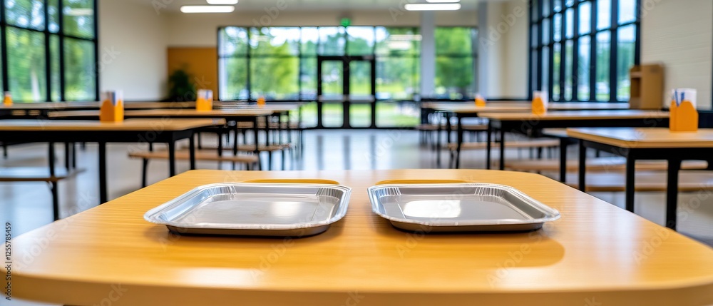 Poster a bright, spacious cafeteria with empty tables and two trays set on a wooden table, creating a clean