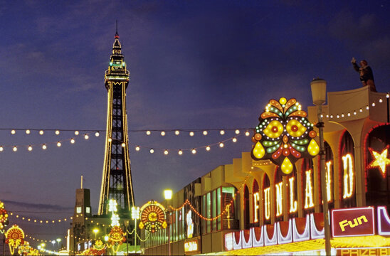 Blackpool Illuminations and tower at night. Blackpool , Lancashire , UK.  Along the Promenade.