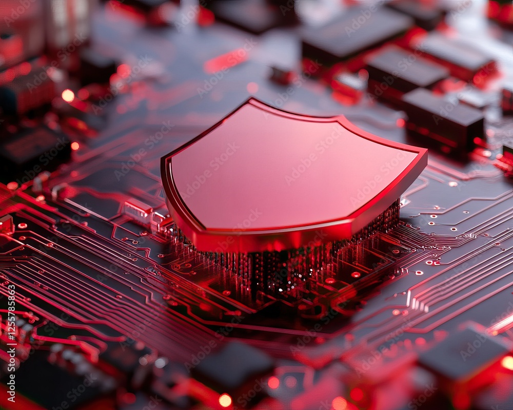 Aufkleber a close-up of a red shield emblem on a circuit board, symbolizing cybersecurity and data protection.
