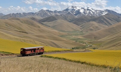 Naklejka premium Antique train traversing golden valley, snow-capped Andes backdrop