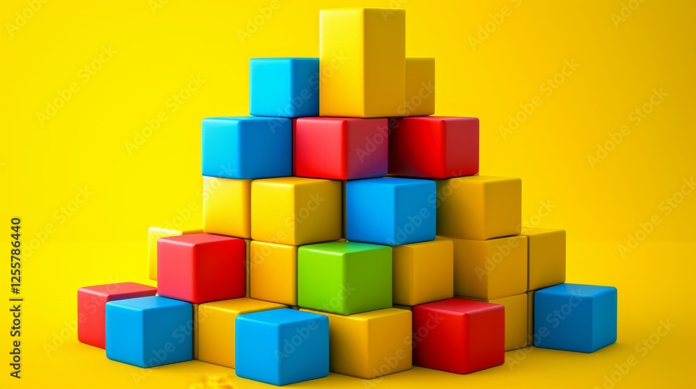Poster a playful stack of colorful cubes arranged on a bright yellow surface, blending vibrant colors with 