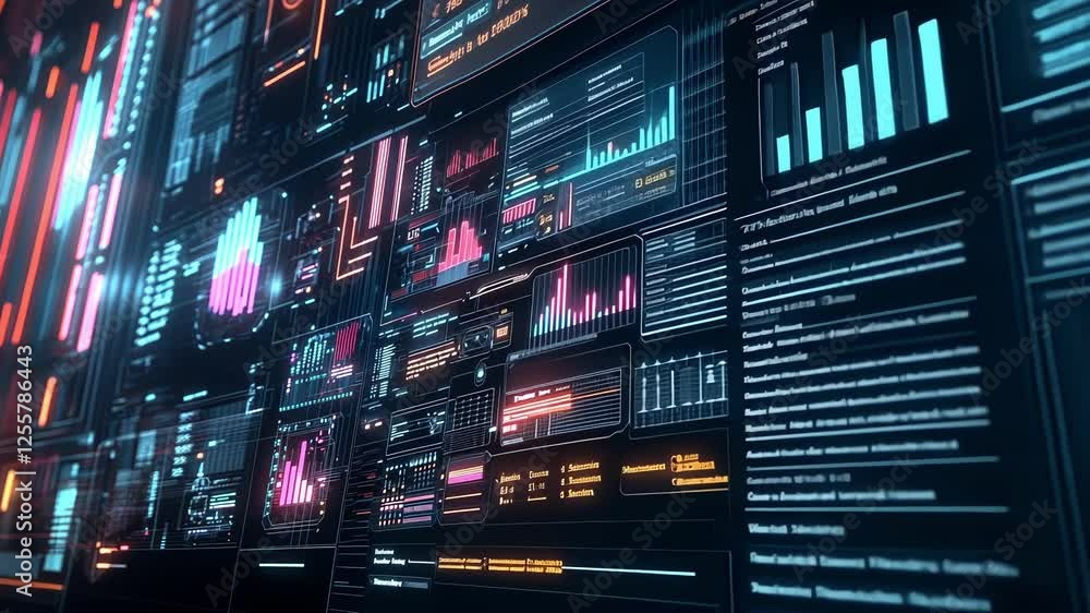 Poster futuristic server room showing complex data analysis and processing information using holographic in