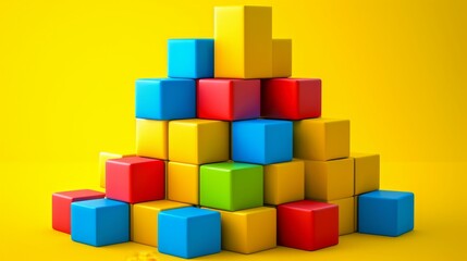 A playful stack of colorful cubes arranged on a bright yellow surface, blending vibrant colors with geometric creativity. Fun and dynamic. AI generated.