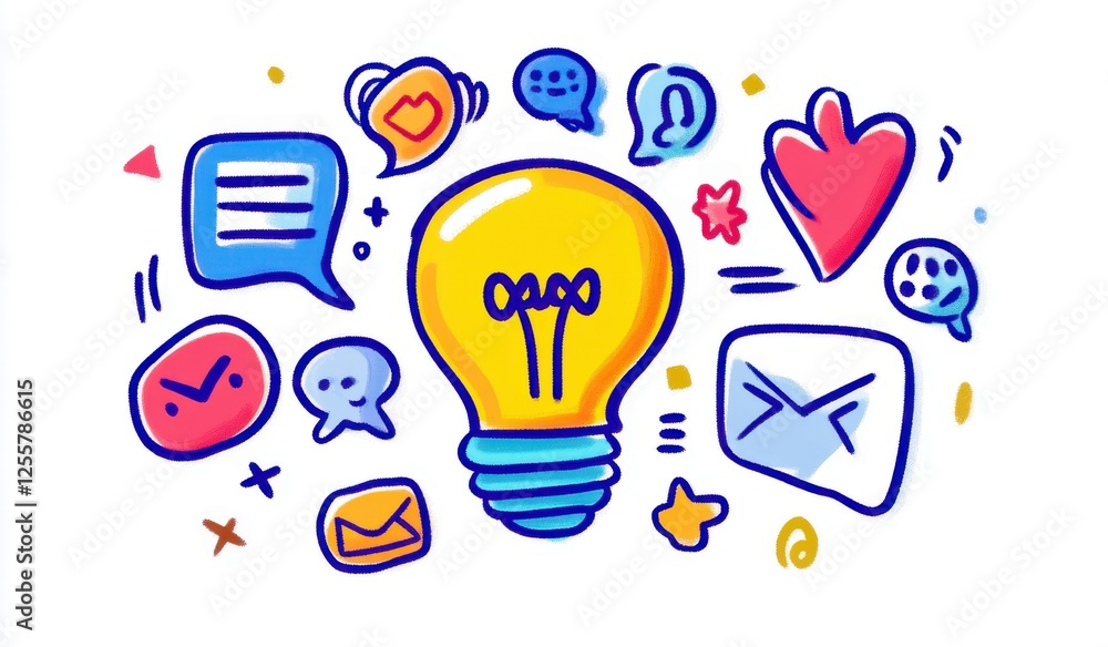 Poster colorful light bulb surrounded by various communication icons and symbols representing ideas and con