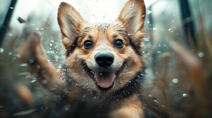 Obraz premium A joyful corgi is playfully splashing through puddles, with water droplets glistening around it, showcasing the pure bliss of a dog's carefree moment outdoors in rain.
