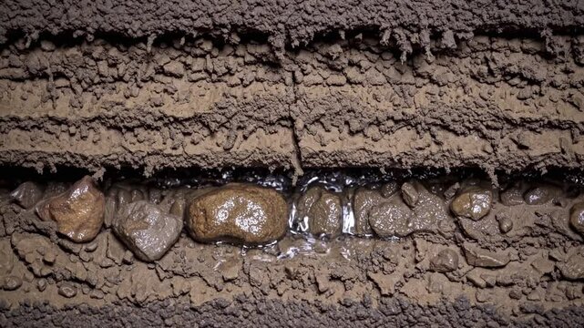 Slow Motion Shot of Soil Cross-Section | Static Shot Fixed Camera Movement | Front View of Underground Water Flow | Visible Layers of Earth and Rocks | Detailed Geological Structure | Natural
