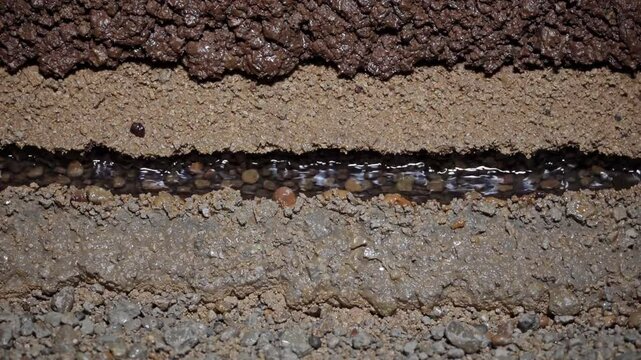 Slow Motion Shot of Soil Cross-Section | Static Shot Fixed Camera Movement | Front View of Underground Water Flow | Visible Layers of Earth and Rocks | Detailed Geological Structure | Natural