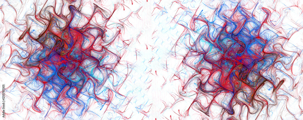 Fototapete blue and red swirls are rhythmically distributed across grids on a white background. abstract fracta