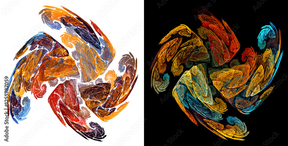 Poster set of colorful pinwheels - propellers made of spirals rotating on black and white backgrounds. 3d r