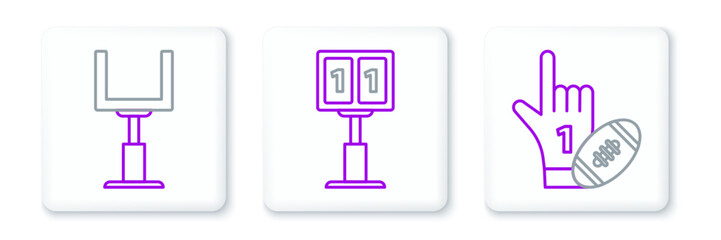 Set line Number 1 one fan hand glove with finger raised and american football ball, American goal post and Sport mechanical scoreboard result display icon. Vector