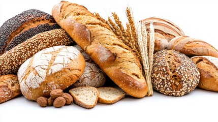 An enticing collection of assorted fresh rye and whole grain breads beautifully arranged, accompanied by wheat stalks and almonds, presenting a wholesome and rustic culinary experience