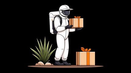 Astronaut Delivering Gift Boxes in Space Illustration with Green Plant and Stones