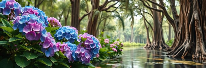 Obraz premium Vibrant Blue and Purple Hydrangeas Blooming by a Tranquil Canal in a Lush Green Park
