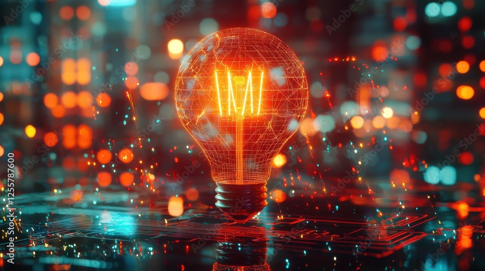 Poster illuminating innovation with a glowing light bulb against a high-tech background of colorful digital