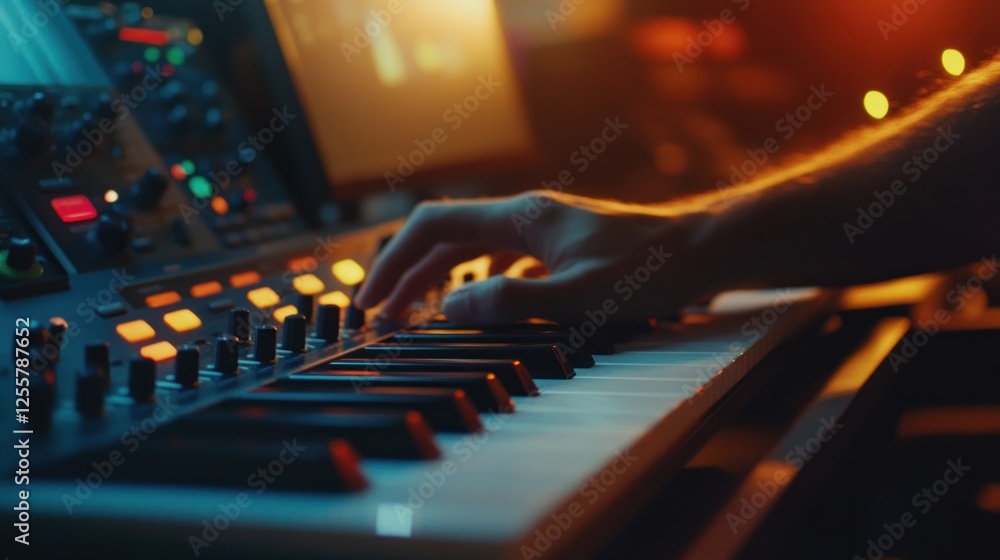 Poster creating electronic music: close-up of hands playing synthesizer keyboard