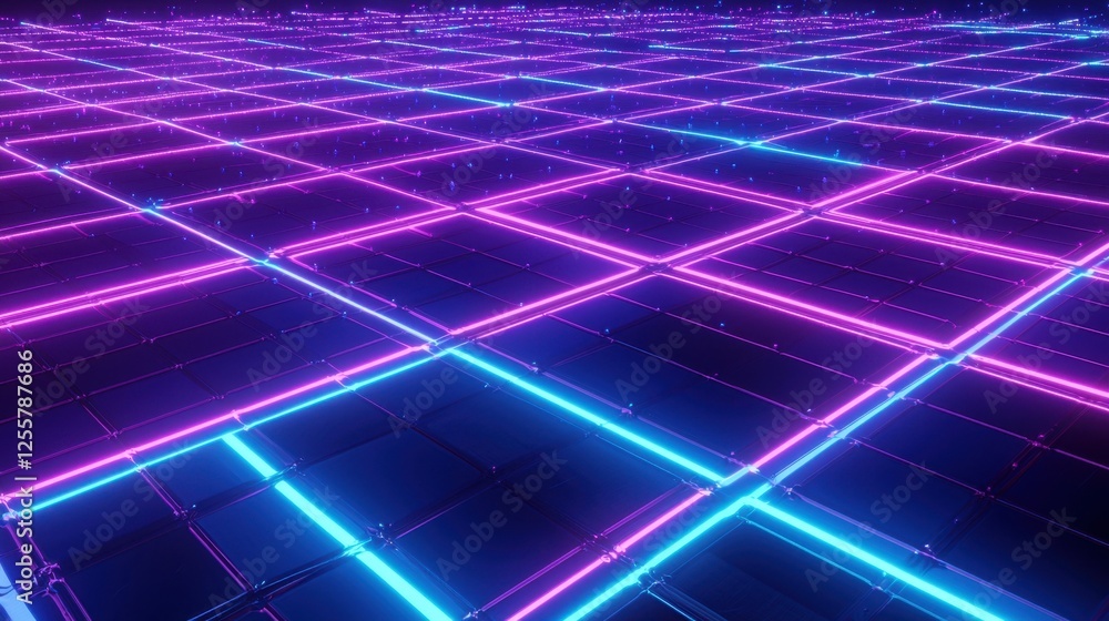 Poster vibrant neon grid pattern illuminated with blue and pink lights creating a futuristic atmosphere at 