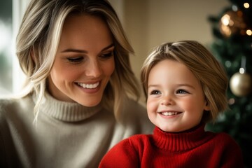 Smiling mother enjoys joyful moment with child during cozy holiday season at home