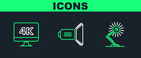 Set line Table lamp, Computer PC monitor with 4k video technology and Movie spotlight icon. Vector