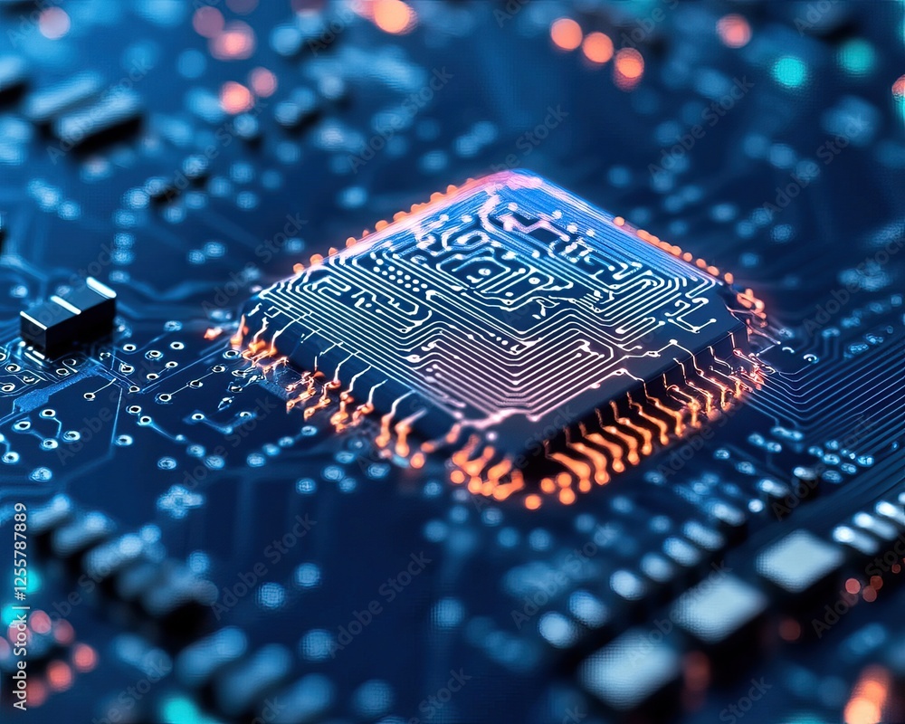 Poster a close-up of a microchip on a circuit board, illuminated with blue and orange lights, showcasing in