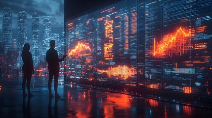 Business professionals discussing innovation while interacting with 3D holographic business graphs, 3D cartoon style