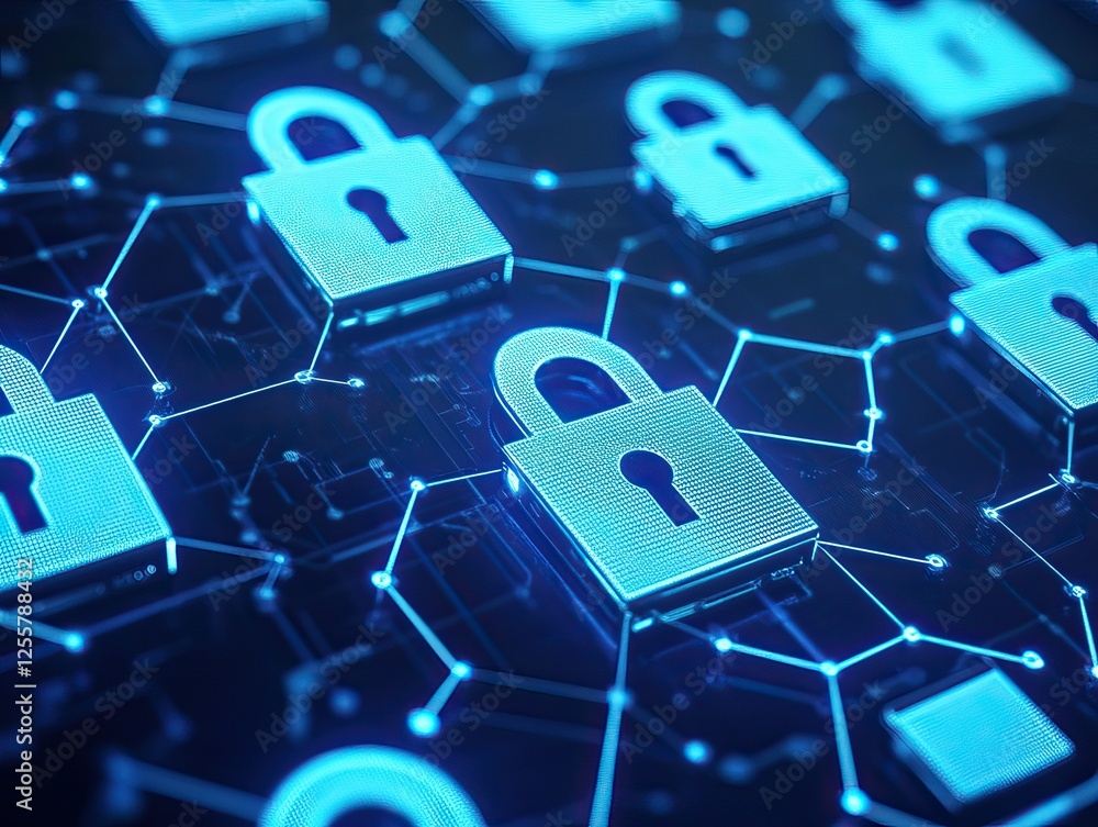 Poster the image features a digital network of interconnected locks, symbolizing cybersecurity and data pro