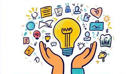 Hands Holding a Bright Light Bulb Surrounded by Colorful Icons Representing Ideas, Creativity, Innovation, and Collaboration in a Digital Environment