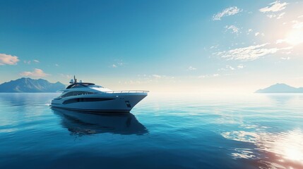 Luxury yacht cruises through calm waters during a tranquil sunset in a picturesque coastal setting
