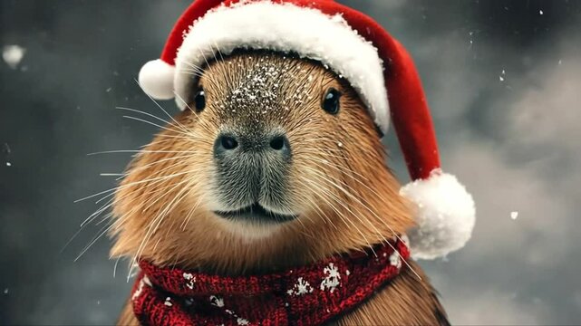 Adorable capybara in Santa hat and festive scarf enjoying  snowy winter scene, clever funny animal pet concept, cute Christmas holiday wildlife footage with falling snowflakes