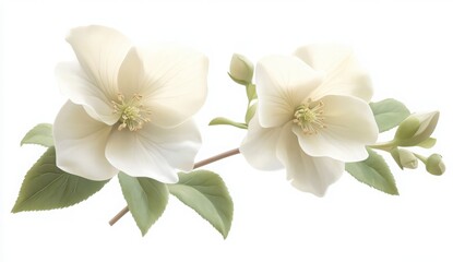 Obraz premium Two Delicate Cream Flowers Against White Background