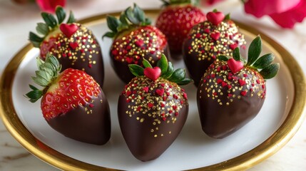 A high-end shot of Valentine chocolate strawberries dipped in dark chocolate, sprinkled with red and gold accents, set on a gold-rimmed plate.
