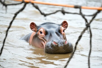 Fototapeta premium A hippopotamus submerged in murky water, its head and nostrils visible, behind a blurred wire fence.