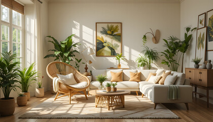 Sunlit living room with rattan furniture and greenery