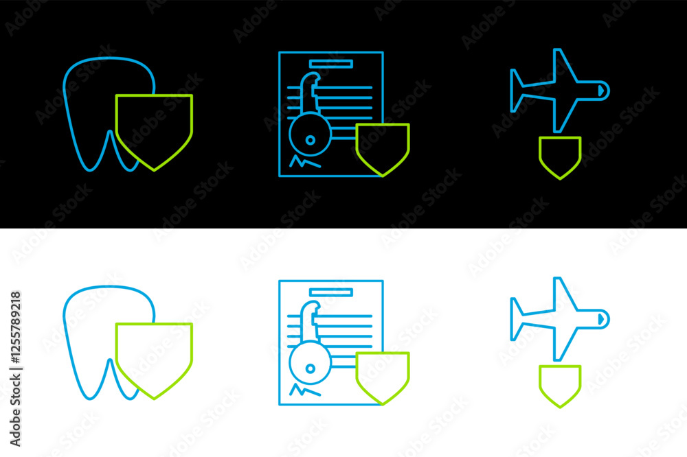Poster set line plane with shield, tooth and document key icon. vector