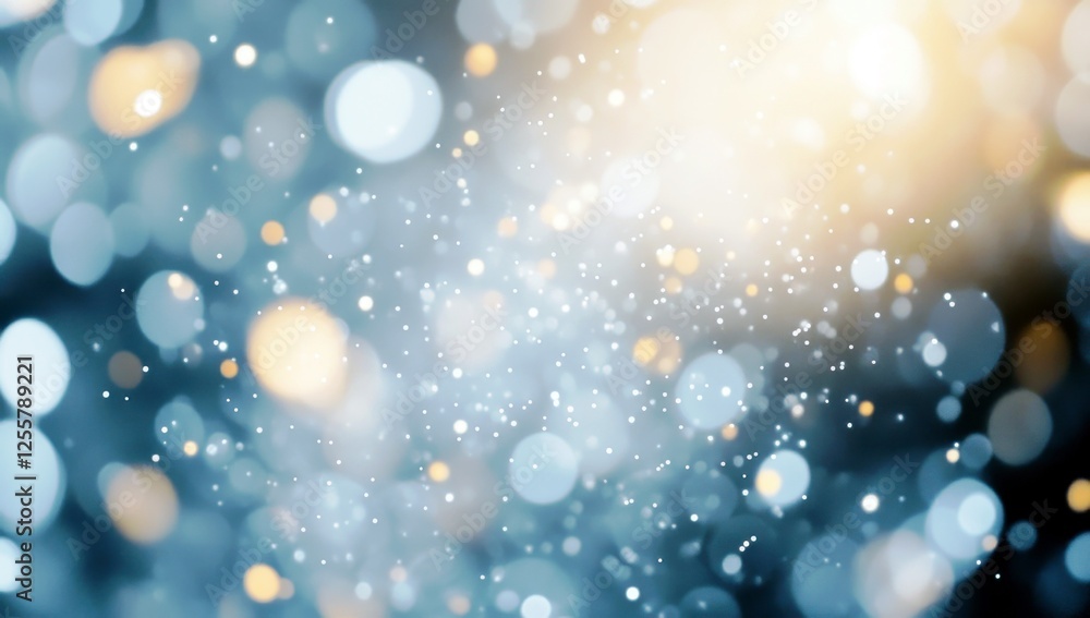 Poster abstract blurred background with shimmering bokeh lights in blue, gold, and white tones creating a d