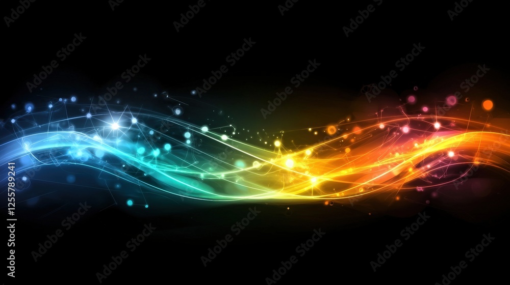 Poster dynamic colorful waves flowing through space abstract art digital design dark background high-contra
