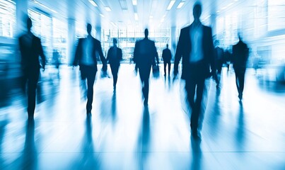 Businessmen walking in modern office corridor, motion blur effect