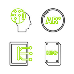 Set line Hard disk drive HDD, Tablet, Ar, augmented reality and Human brain as digital circuit board icon. Vector