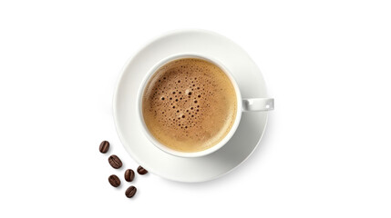 PNG white cup with coffee. Appetizing foam on the drink. Coffee beans near saucer. Top view