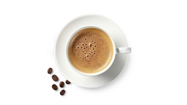 PNG white cup with coffee. Appetizing foam on the drink. Coffee beans near saucer. Top view