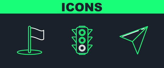 Set line Paper airplane, Flag and Traffic light icon. Vector