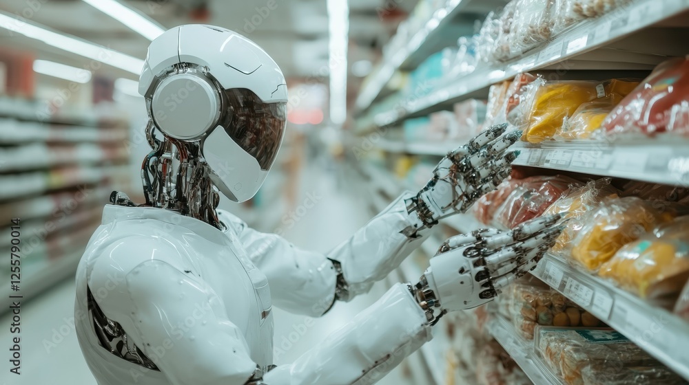 Poster a humanoid robot meticulously selecting items from a store shelf, showcasing the future of shopping 