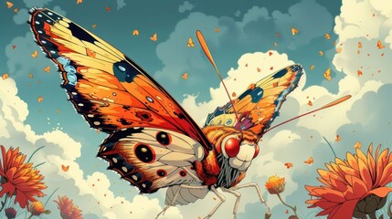 Fototapeta premium A vibrant butterfly amidst flowers and clouds, showcasing nature's beauty and color.
