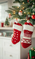 Christmas stockings hanging on a decorated tree in a cozy home, ready for gifts