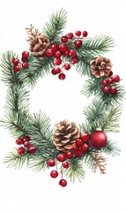 Fototapeta premium Christmas wreath with pine branches, berries, pine cones, ornament, holiday decoration