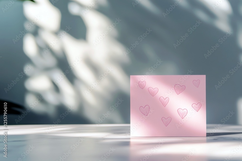 Aufkleber soft pink card with heart patterns on light table surrounded by playful shadows and natural backgrou
