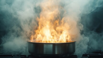 A dynamic eruption of fire and steam from a pot on the stovetop captures the viewer's attention, showcasing the thrilling aspect of cooking and the power of heat.
