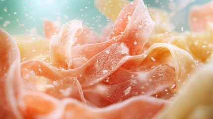 Fototapeta premium A close-up view of colorful pasta captures its intricate texture and vibrant colors, evoking a sense of freshness and artistry in culinary creation and presentation.
