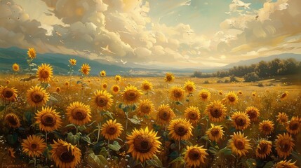 Obraz premium A summer meadow filled with sunflowers, bright golden tones, hyper-detailed realism