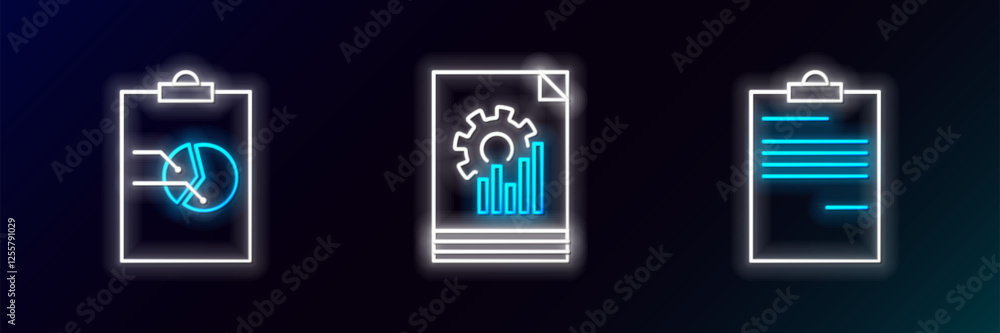 Poster set line document, clipboard with graph chart and icon. glowing neon. vector