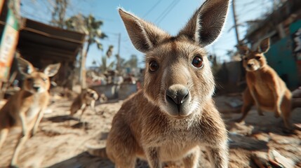 Fototapeta premium A group of kangaroos gathers in a sunlit area, showcasing their playful nature and social behavior in a vibrant outdoor setting, exemplifying wildlife interactions.